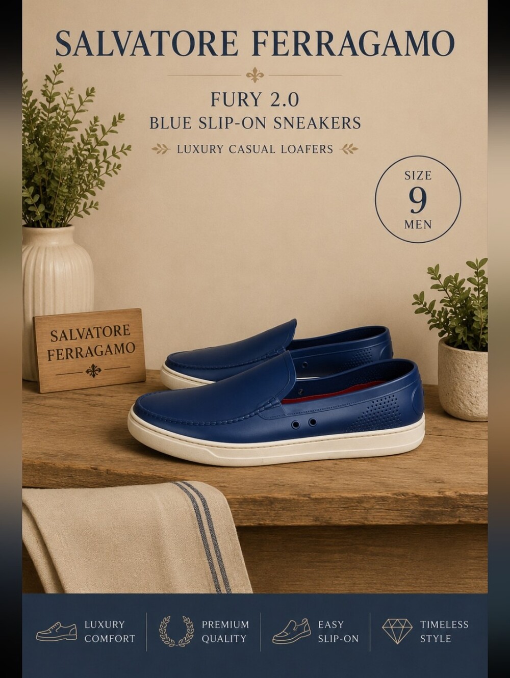 Salvatore Ferragamo Fury 2.0 Blue Slip-On Sneakers Luxury Casual Loafers